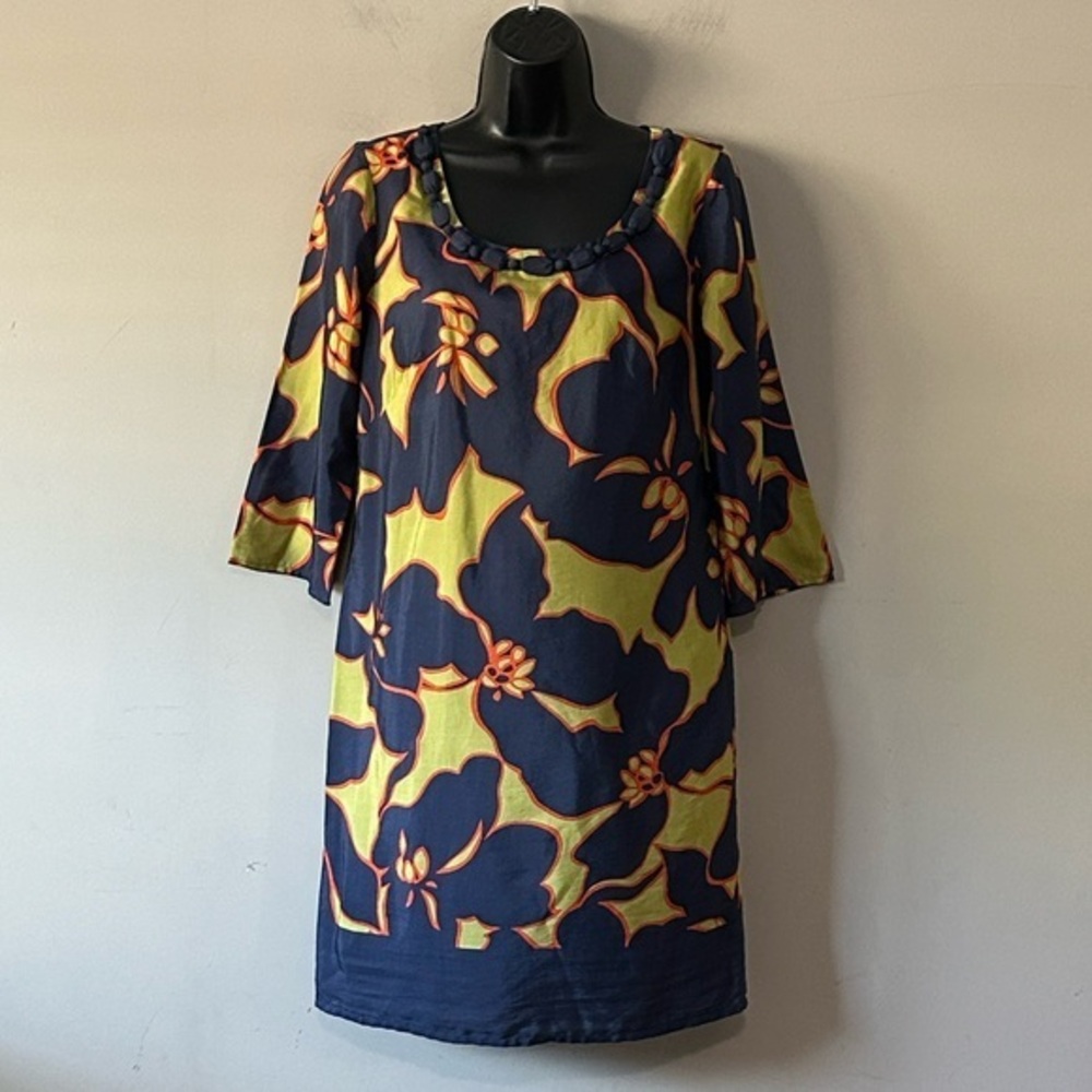 Ann Taylor LOFT Navy and Chartreuse Floral Mini Dress size 4